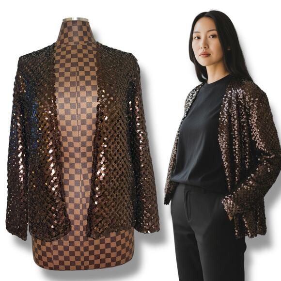 Brown Sequin Open Knit Jacket Cardigan M/L Crochet Glam Preppy Disco Dramatic - Picture 1 of 10